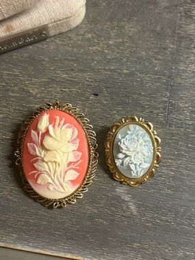 Vintage Floral Cameo Brooches - Coral & Light Blue